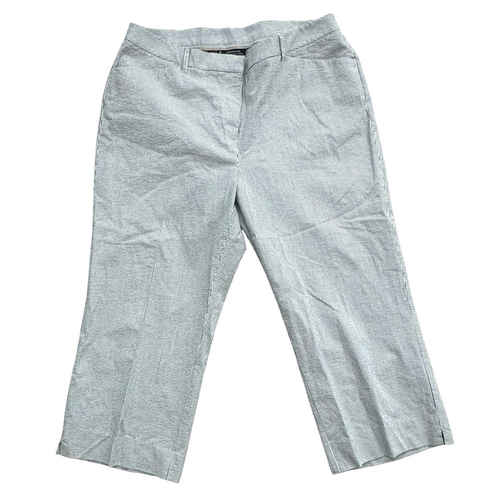 Jones New York Seersucker Pants Womens 12 Blue White Pinstripe Crop Capri Preppy